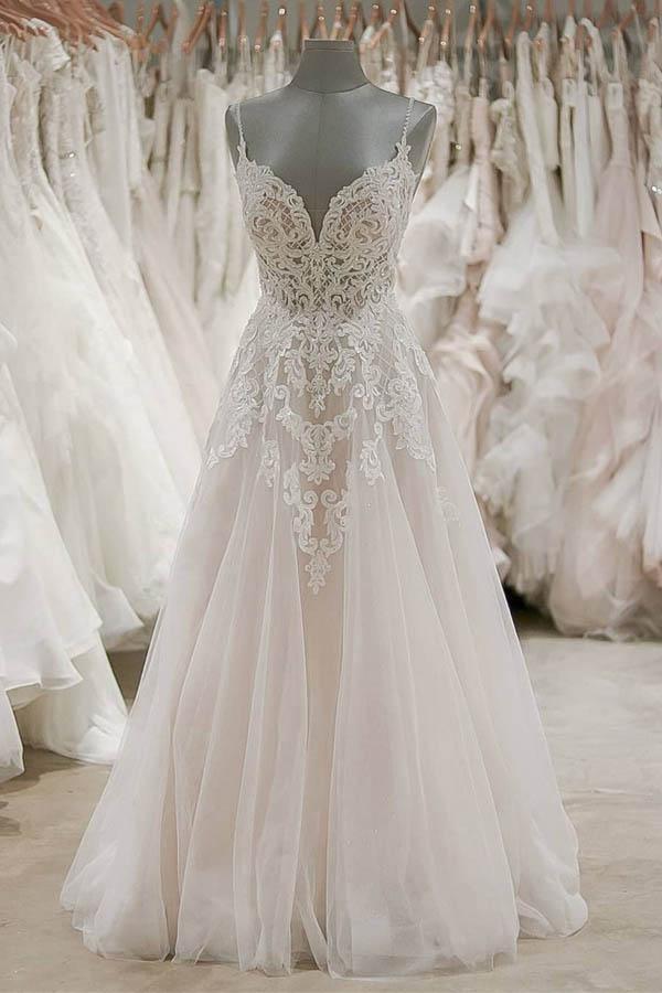 Sexy Ivory Lace with Nude Tulle Sheer Wedding Dress - Promfy