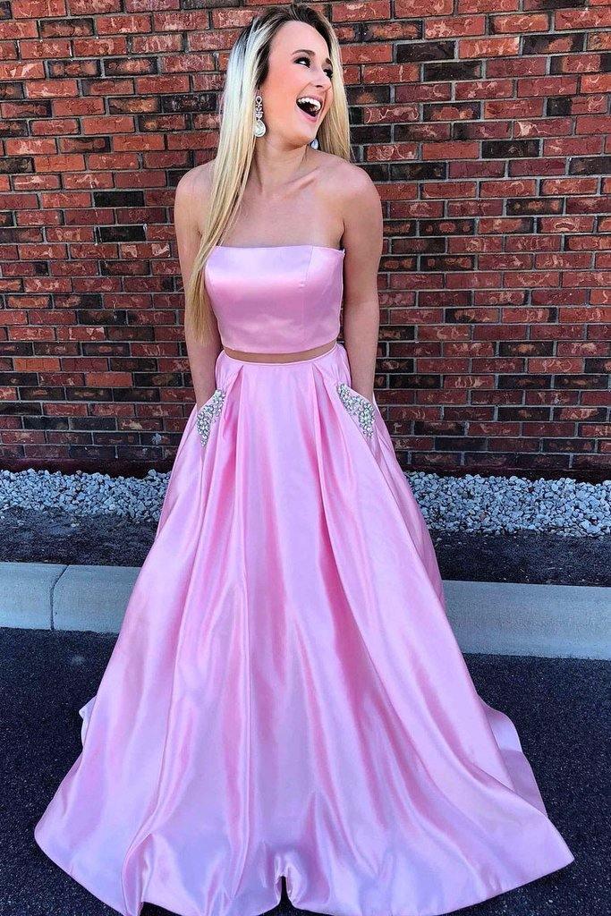 Strapless Two Piece Pink Long Beaded Prom Dress with Pockets – Pgmdress
