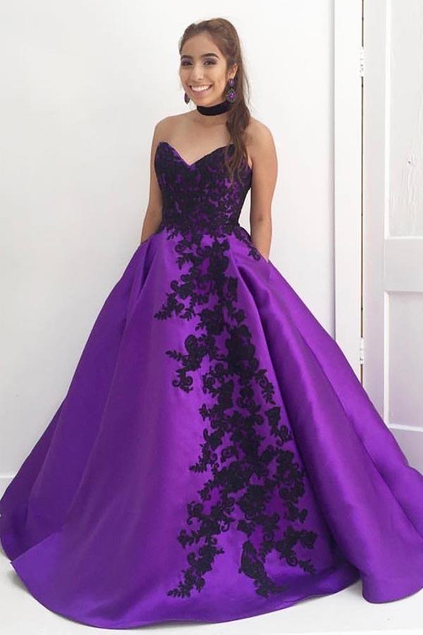 Sweetheart Ball Gown Purple Long Prom Dress With Black Appliques Pgmdress