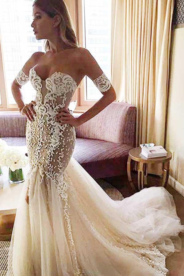pgmdress Sweetheart Watteau Train Mermaid Wedding Dress with White Lace Custom Size / Custom Color