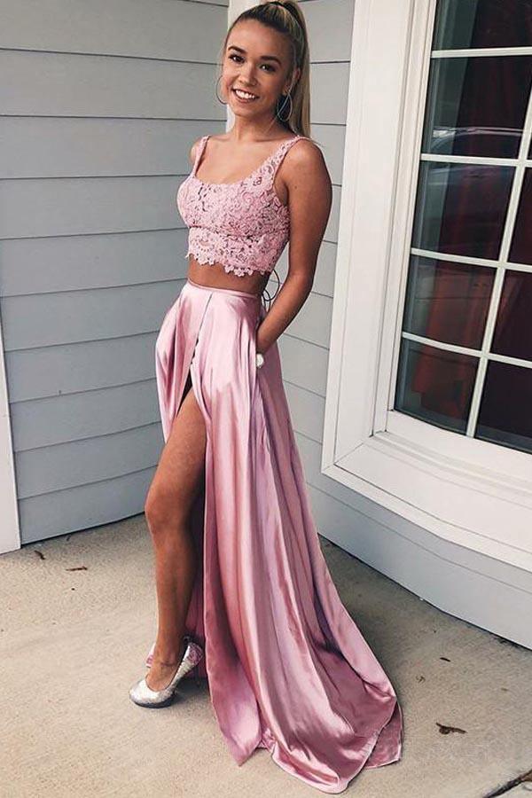 pgmdress Two Piece A-Line Lace Prom Dresses Candy Pink Formal Dress US2 / As Picture