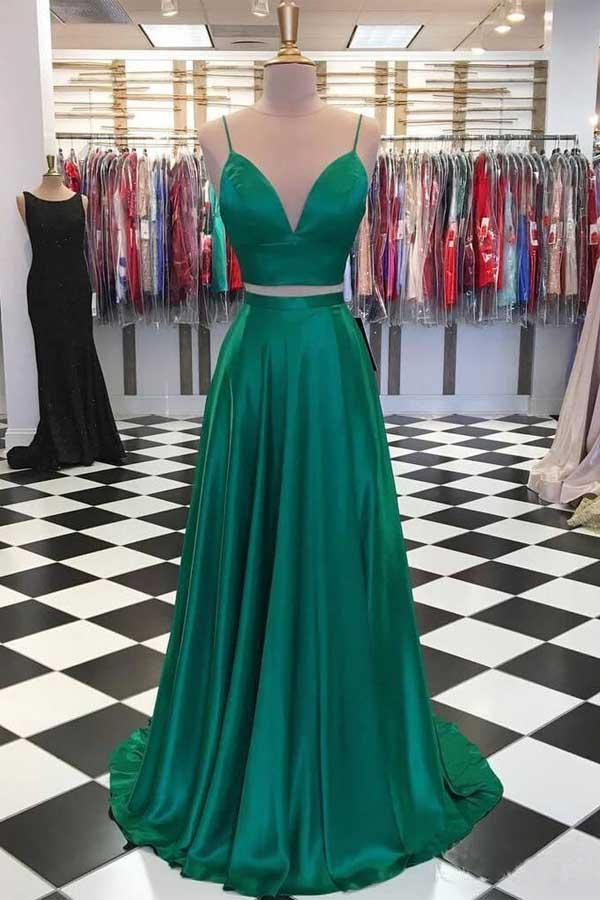 Two Piece Emerald Green Long Prom/Evening Dresses with Bow – Pgmdress
