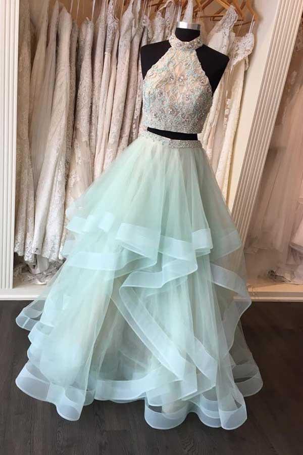 Two Piece Blue Lace Long Prom Dresses, 2 Piece Blue Formal Dresses, Bl –  Shiny Party