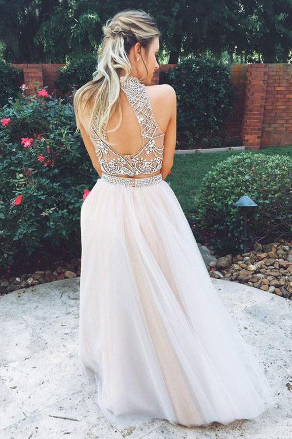 Two Piece Long Sleeves Lace Prom Dress with Slit – Pgmdress