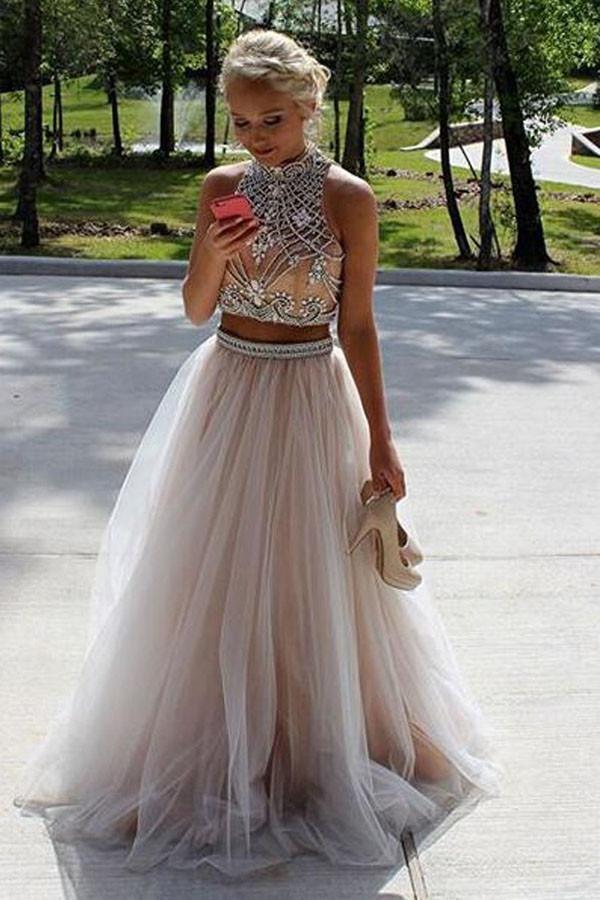 Two Piece High Neck Sleeveless Floor-Length Champagne Prom Dresses