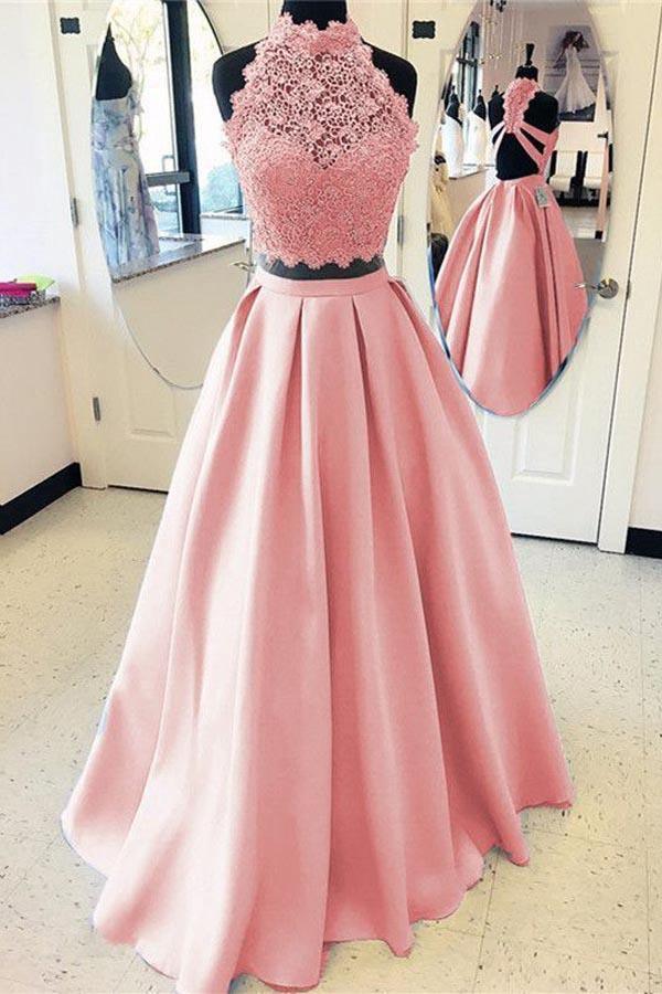 pgmdress Two Piece A-Line Lace Prom Dresses Candy Pink Formal Dress US2 / As Picture