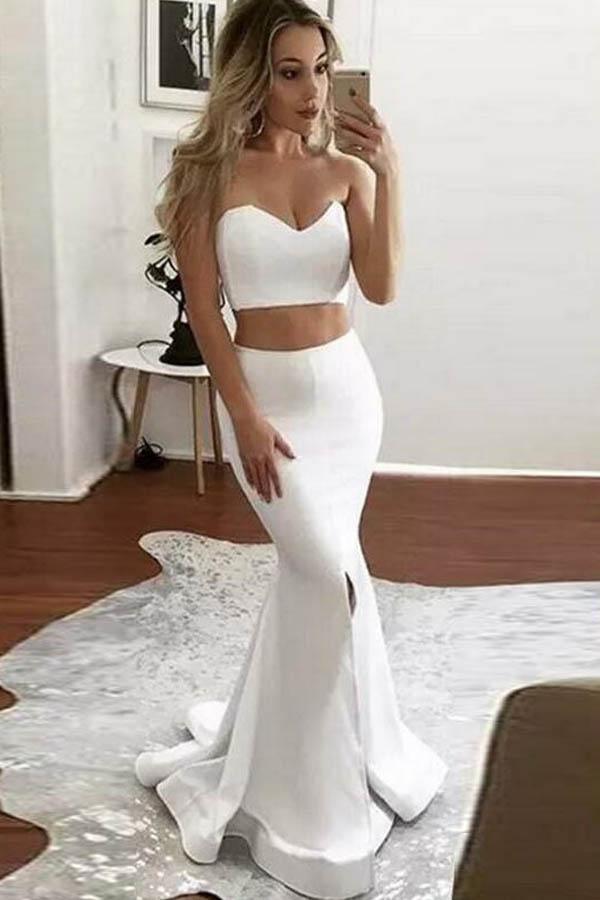 Two Piece Long Sleeves Lace Prom Dress with Slit – Pgmdress