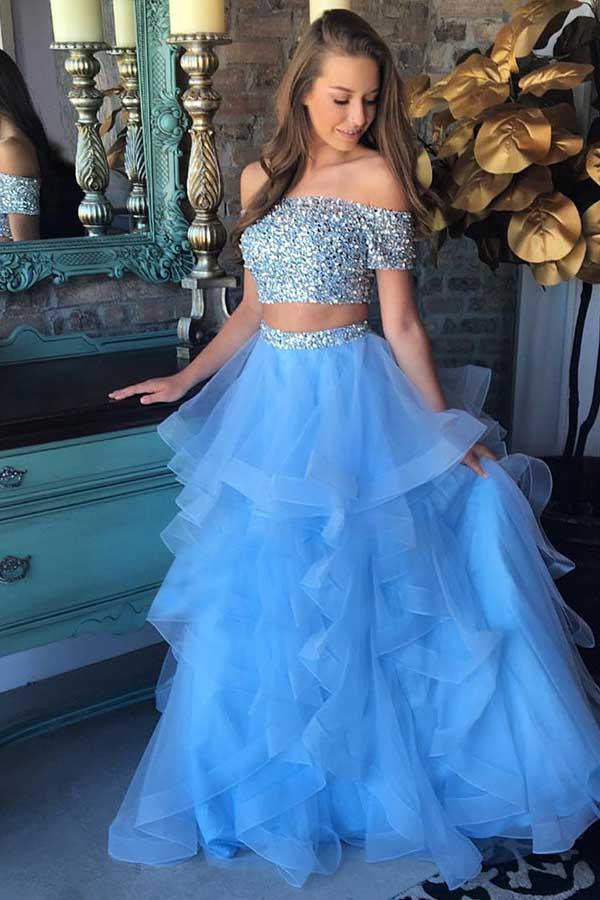Two Piece Off-the-Shoulder Blue Tiered Tulle Prom Dress with Sequins ...