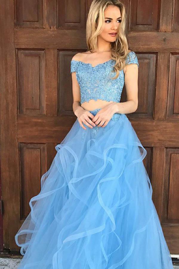 Light Blue Tulle Off Shoulder Long Prom Dresses With Lace Appliques PSK421