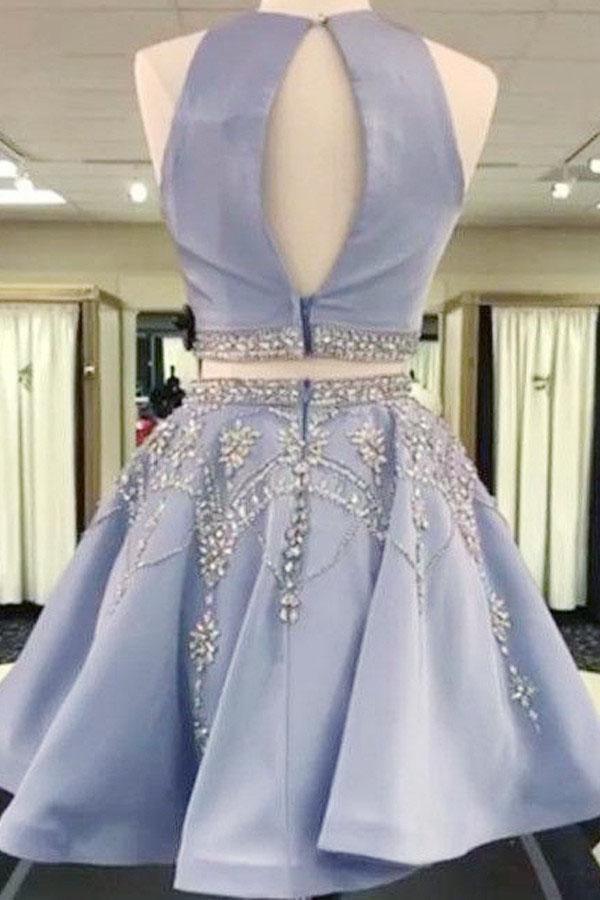 Two Piece Round Neck Light Sky Blue Beaded Satin Homecoming Dress ...