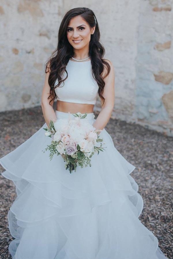 Modest Short Sleeves Two Piece Bridal Separates Crop Top Wedding