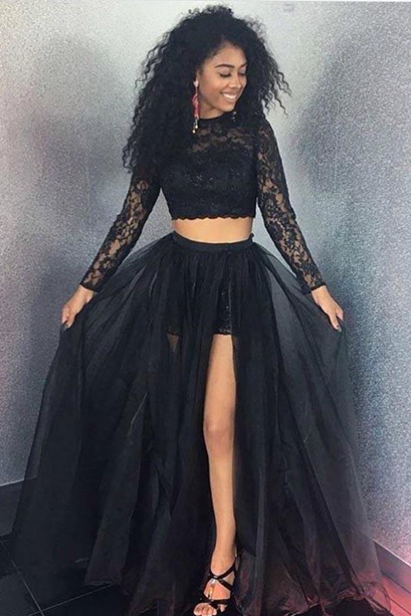 Two Pieces Black A-Line Long Sleeve O-Neck Long Prom Dresses – Pgmdress