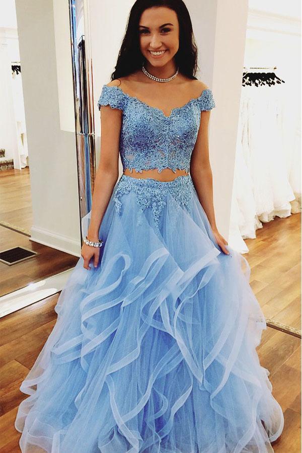 Two Pieces Off Shoulder Short Sleeve Light Blue Lace Prom Dress