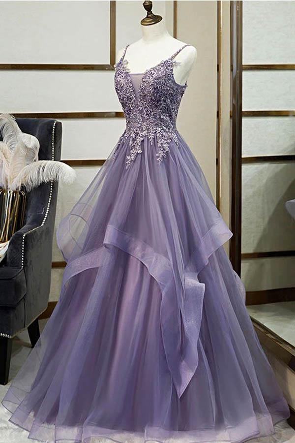 Purple/Light Blue Lace Tulle Long Prom Dresses, Purple/Light Blue Form –  Shiny Party