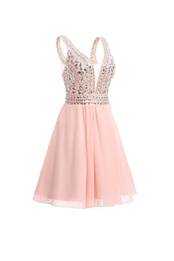 V-neck Beads Chiffon Homecoming Dress Short Prom Dress – Pgmdress