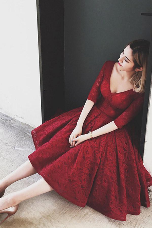 Red Tulle Short Prom Dress with Long Sleeve Cocktail Dress