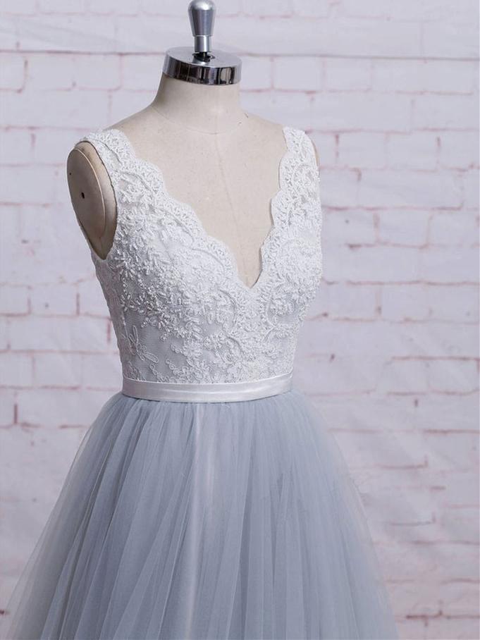 V Neck Ivory Lace Bodice Grey Tulle Skirt Chapel Train Prom Dresses Pgmdress 7456