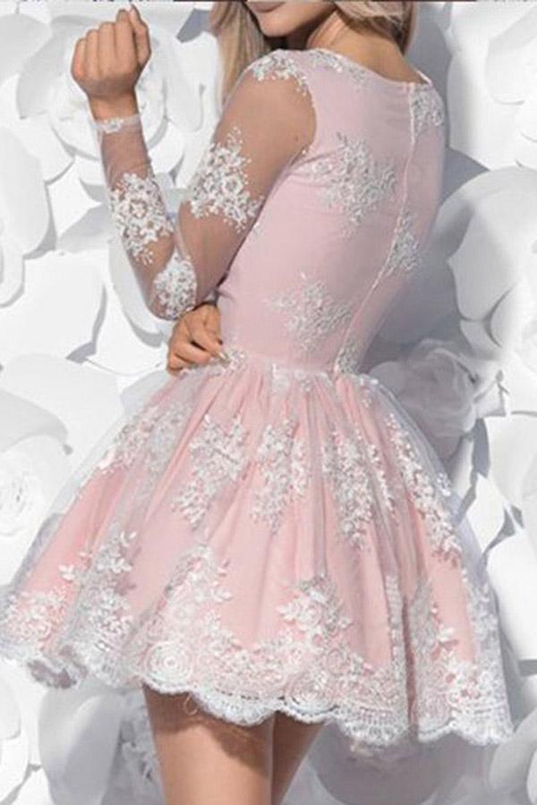 V-Neck Long Sleeves Short Pink Tulle Homecoming Dress with Appliques ...