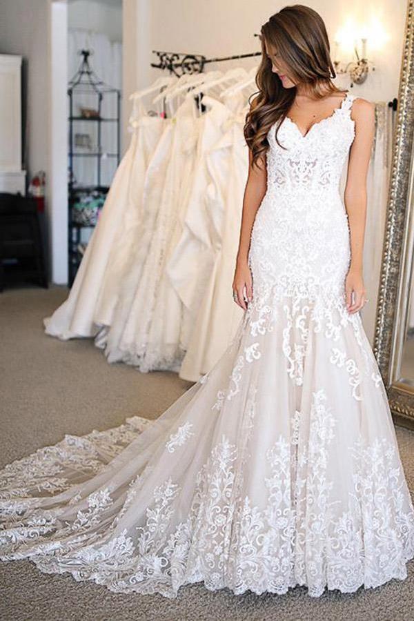 Mermaid Deep V Neck White Lace Wedding Dress with Sweep Train