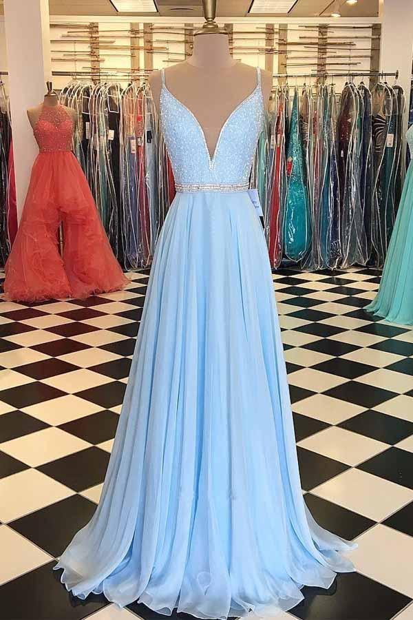 pgmdress Elegant Blue Tulle A Line V Neck Lace Long Prom Dresses Formal Dresses US0 / Custom Color