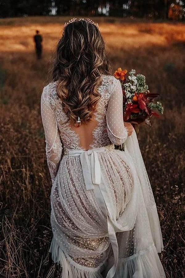 V-Neck Polka Dot Lace Open Back Long Sleeve Boho Bridal Gown – Pgmdress