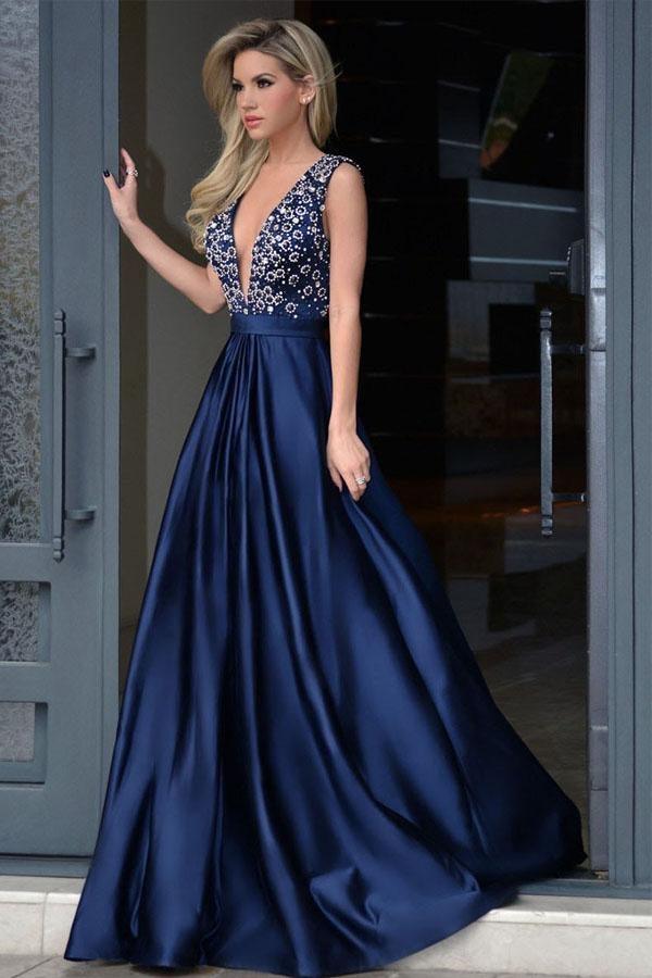 V-neck Royal Blue Satin Beading Prom Dresses With Sweep Train – Pgmdress