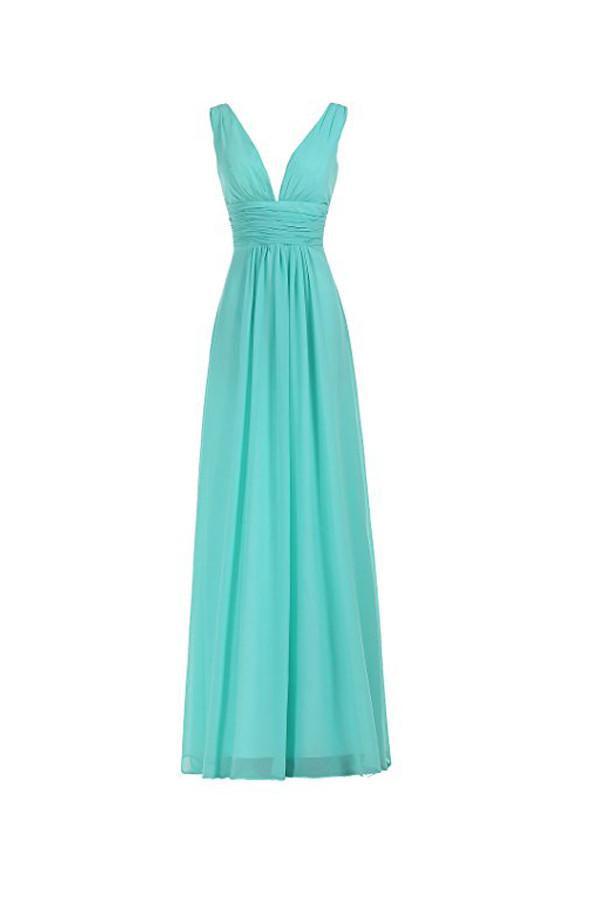 V-Neck Ruched Waist Long Prom Evening Gown Bridesmaid Dress – Pgmdress