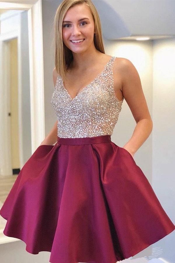Buy Wine Red Prom Dresses Beading Prom Gowns Cute Party Dress Short Prom  Dress Online – Cheappromproms