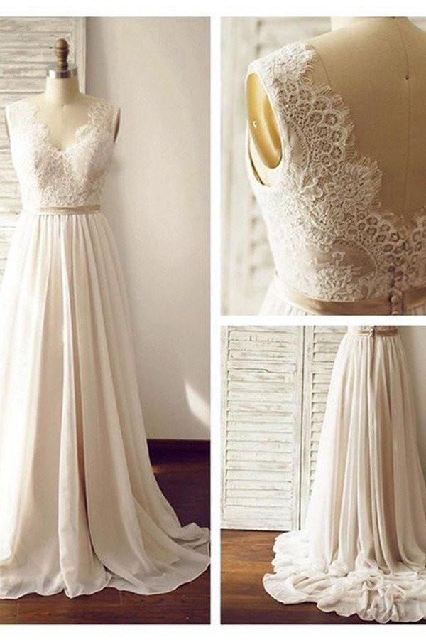 V-neck Sleeveless Open Back Wedding Dress with Lace Sash – Pgmdress