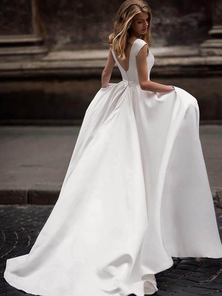 Vintage A-line Princess Ivory Satin Long Wedding Dresses with Pockets ...