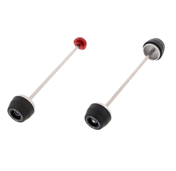 EP Spindle Bobbins Kit for the Aprilia Tuono V4 1100 RR includes rear spindle rod with one bobbin and one anodised red hub stop (left component) and front fork protection spindle rod with two EP nylon bobbins (right component).