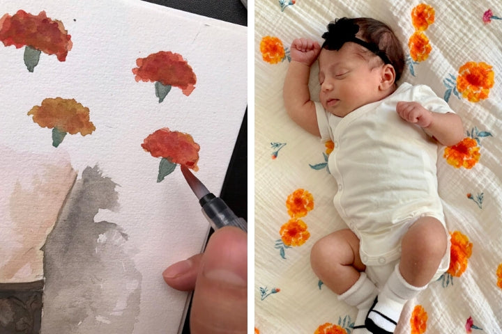 Malabar Baby: painting, printing and final product of our Marigold Swaddle