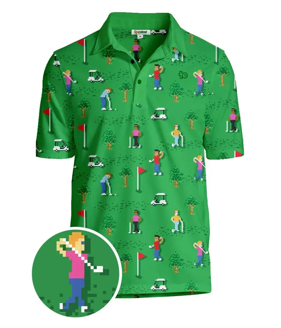 8-Bit Birdie Men's Golf Shirt - Green Retro Golf Polo
