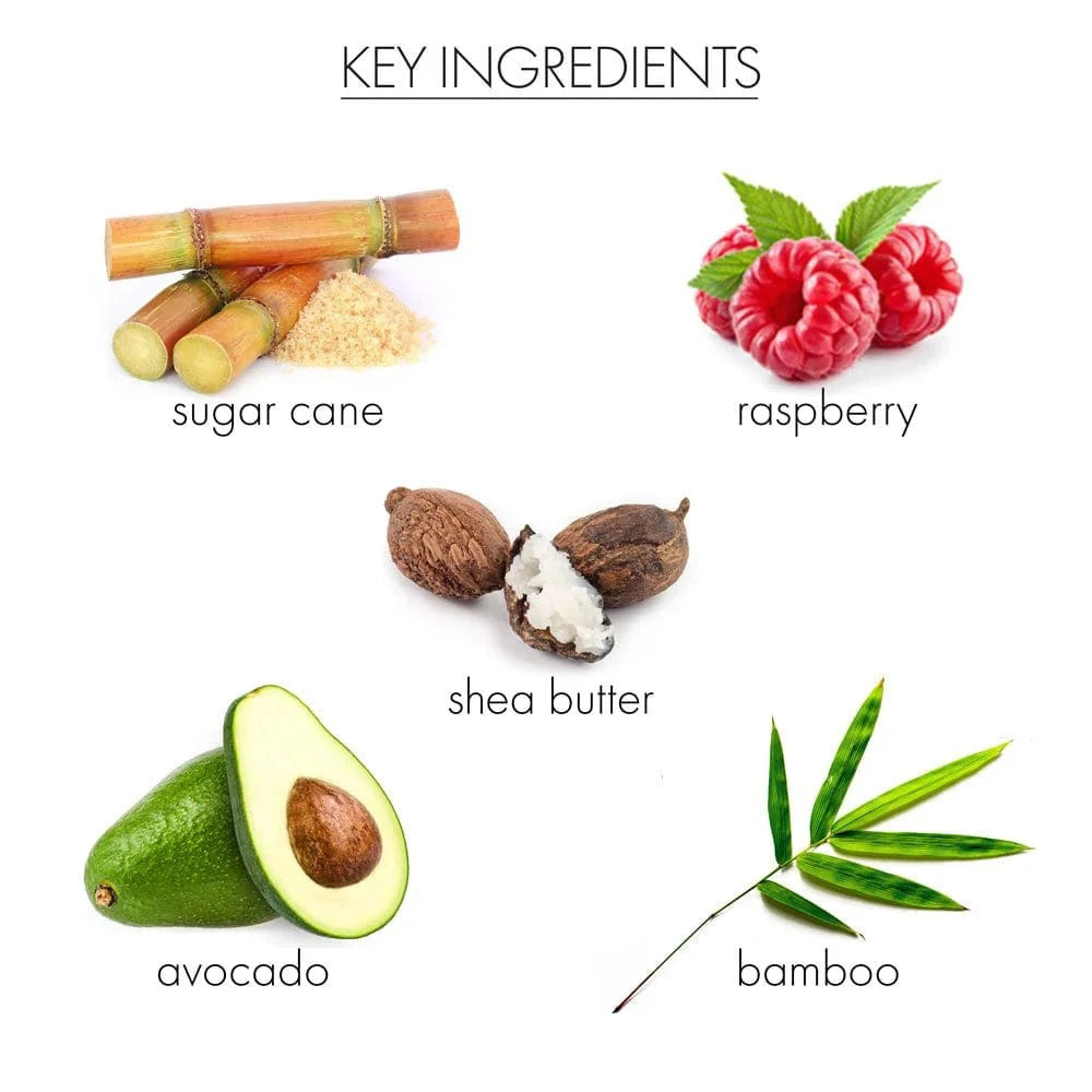 Plant-based key ingredients for Whish Sugar Scrub: sugar cane, raspberry, shea butter, avocado, and bamboo.