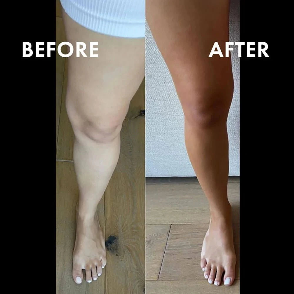 Before and after leg comparison using Whish’s Sun-Kissed Agave Self-Tanner Lotion, showing a smooth transition from lighter to golden tanned skin.