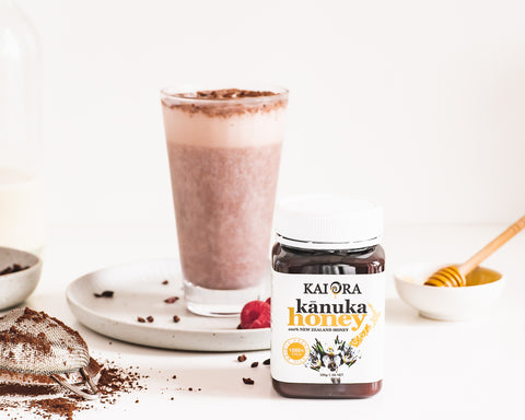Kanuka Raspberry Iced Chocolate Smoothie prepared with New Zealand Honey