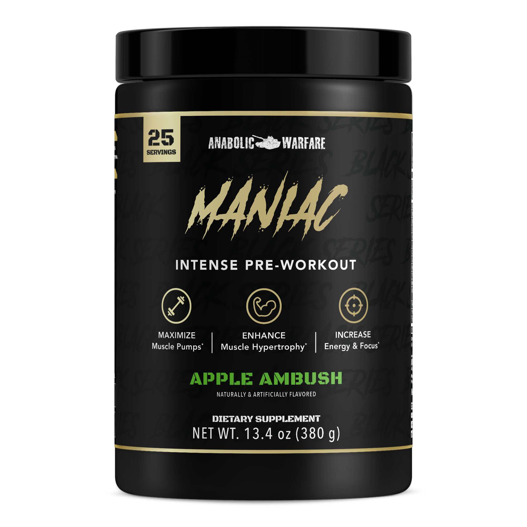 25 I S SERVINGS INTENSE PRE-WORKOUT MAXIMIZE ENHANCE INCREASE Muscle Pumps Muscle Hypertrophy RS APPLE AMBUSH NATURALLY ARTIFICIALLY FLAVORED LU A VA TR M NET WT. 13.4 oz 380 g 