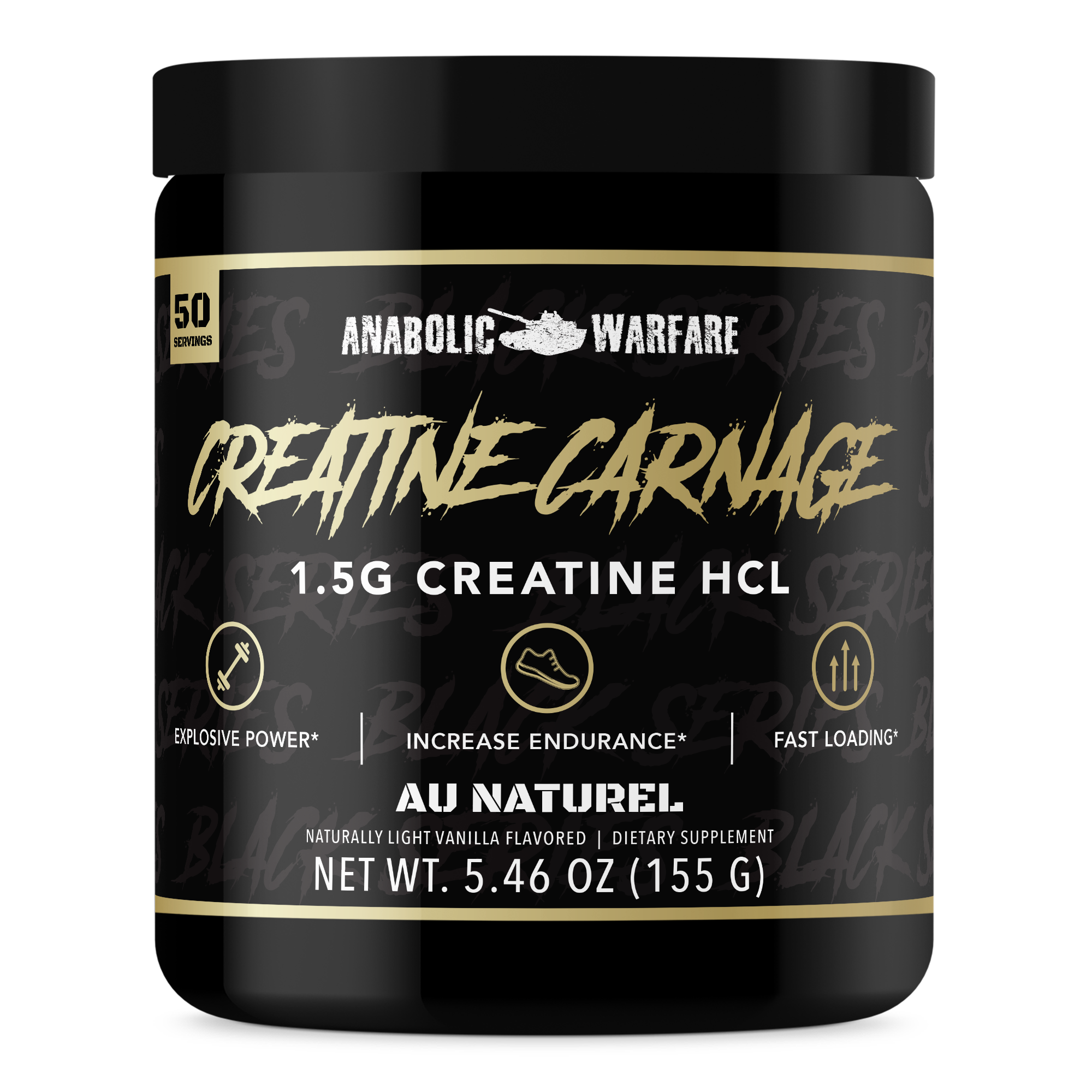  L ELTTRR L TR 1.5G CREATINE HCL 0 ANV o118 INCREASE ENDURANCE* FAST LOADING* AU NATUREL NATURALLY LIGHT VANILLA FLAVORED DIETARY SUPPLEMENT NET WT. 5.46 0Z 155 G 