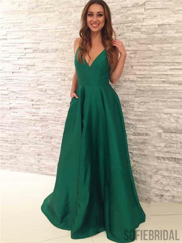 A-line Floor-length Straps V-neck Emerald Green Prom Dresses, PD0050 ...
