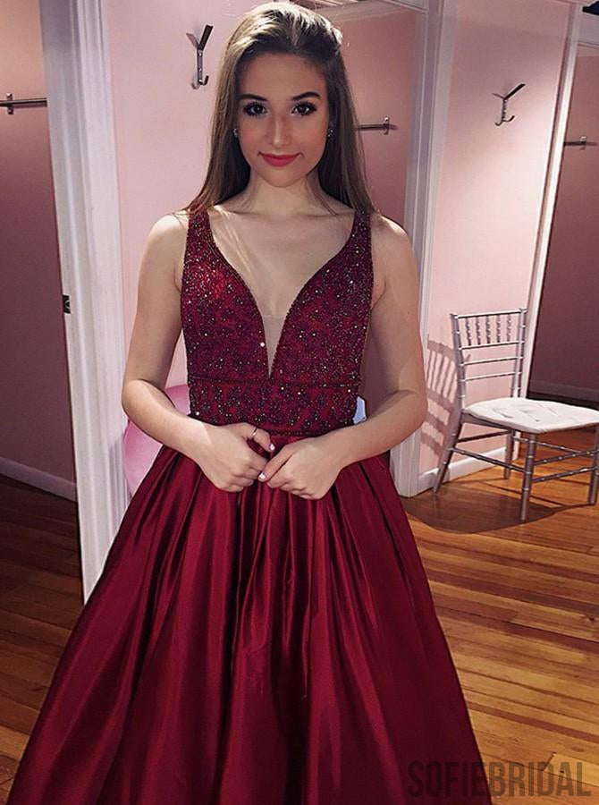 Red Beaded Satin Prom Dresses, Long A-line Prom Dresses, Cheap Prom Dr ...