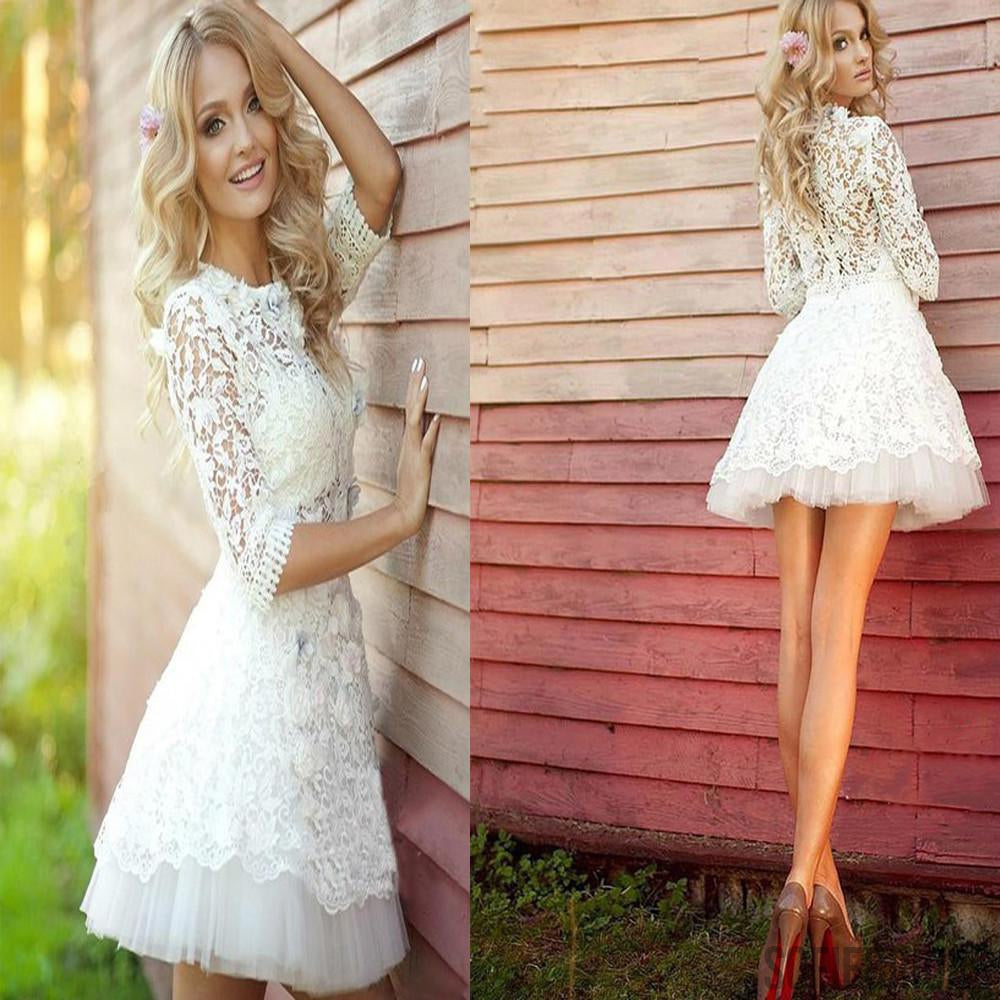Pretty white lace long sleeve see through homecoming prom dresses, SF0 ...