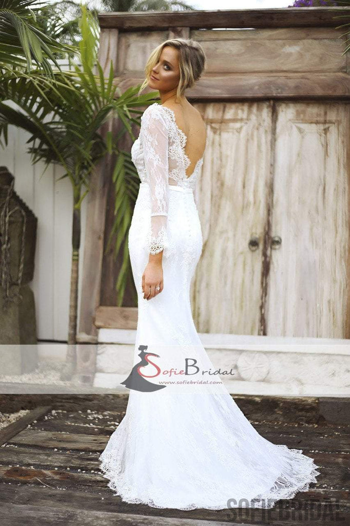 Long Sleeve See Through Lace Mermaid V-back Wedding Dresses, Romantic ...