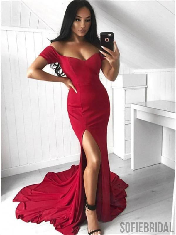 Off Shoulder Prom Dresses, Long Prom Dresses, Mermaid Side Slit Prom D ...