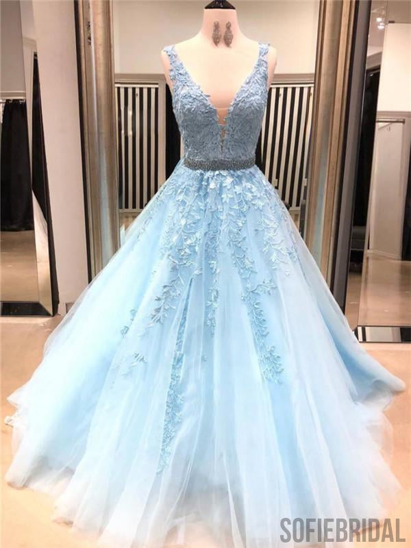 A-line V-neck Blue Appliques Long Tulle Prom Dresses, PD0987 – SofieBridal