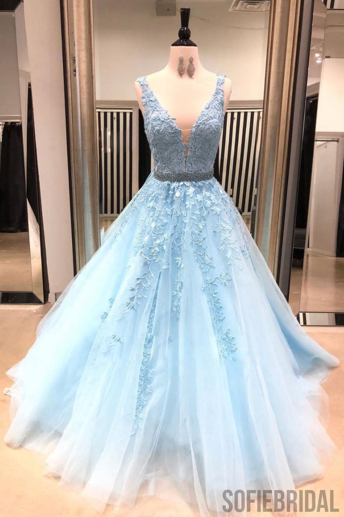 A-line V-neck Blue Appliques Long Tulle Prom Dresses, PD0987 – SofieBridal