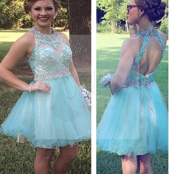 Hot Selling Tiffany Blue sparkly open back cute for teens homecoming p ...