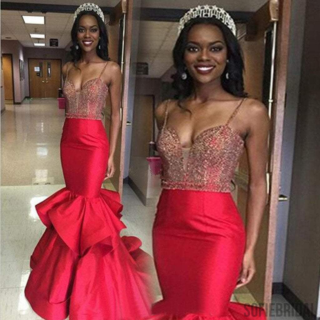 Sexy Spaghetti Red Satin Rhinestone Mermaid Prom Dresses, Formal Eveni ...