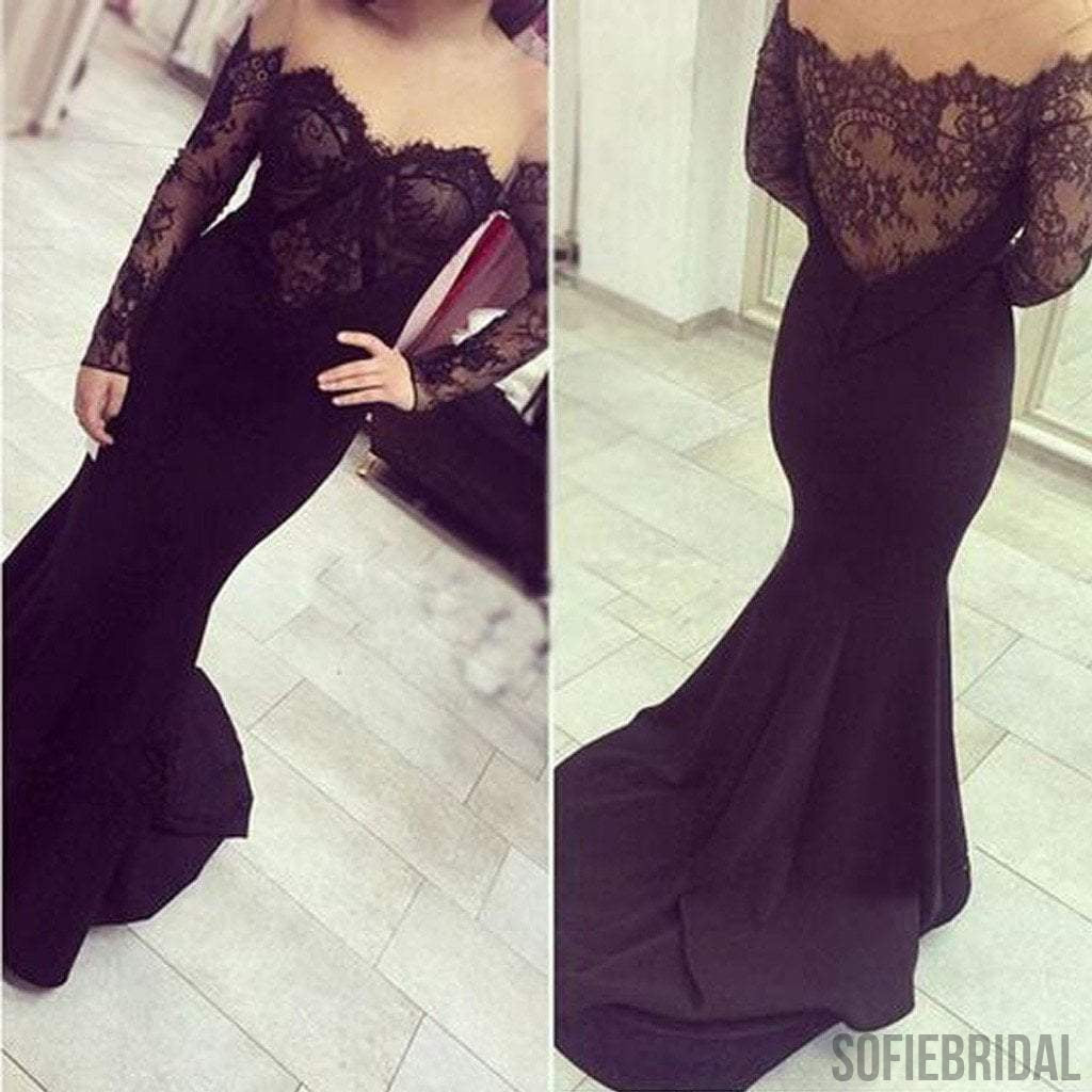 Sexy Off Shoulder See Through Black Lace Long Sleeve Long Mermaid Jers ...