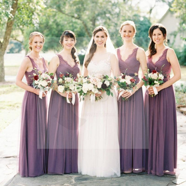 Long A-line V-neck Sleeveless Lace Chiffon Elegant Bridesmaid Dresses ...