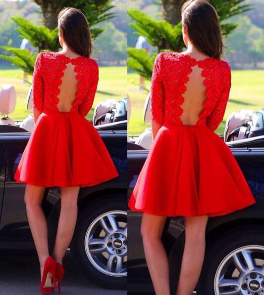 Red Sexy Long sleeve open back lace homecoming prom dresses, CM0002 ...